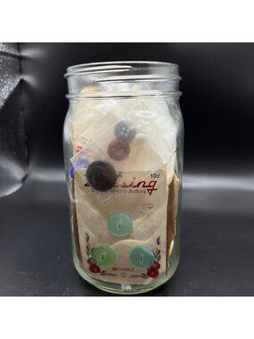 Vintage Mason Jar Filled With Assorted Buttons On Cards Various Colors & Sizes